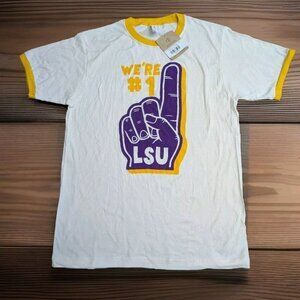 LSU TIGERS We're #1 Shirt Mens Medium White Purple Ringer Finger Retro Style